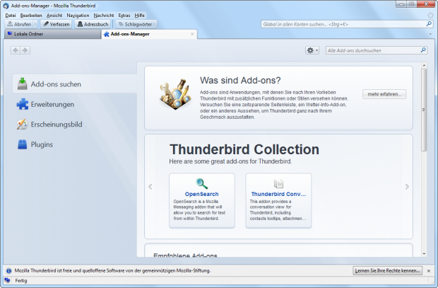 Thunderbird 5.0 - Addons-Seite (Bild: Mozilla)